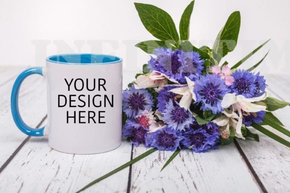 Blue Handle Mug Mockup with Flowers for Graphics and Mugs Amp