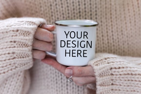 Enamel Mug Mockup Holding in Hands - Graphics for Mugs Amp